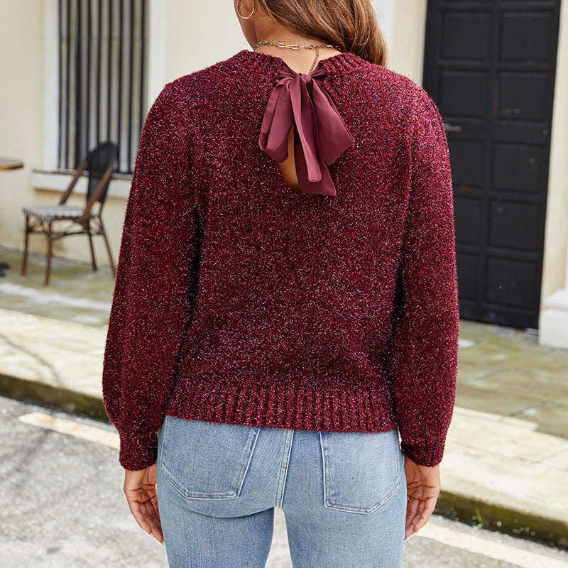 Damen-Pullover mit Pailletten-Schleife – Lockerer Sweater in Schwarz oder Weinrot, XS–XL