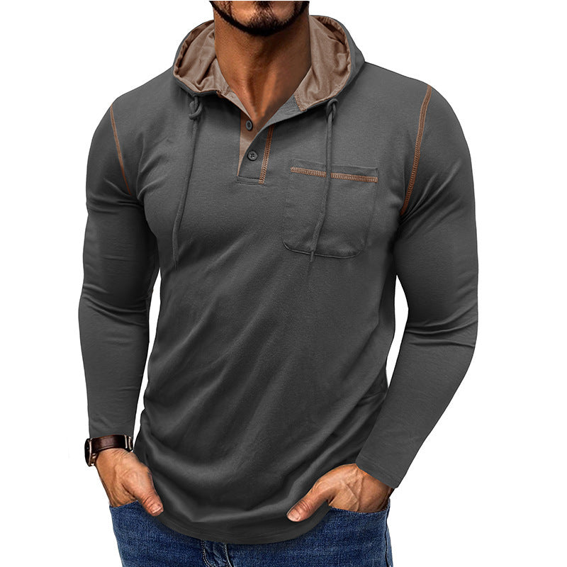 Herren Langarm-T-Shirt mit Kapuze, Henley-Shirt, Outdoor-Top