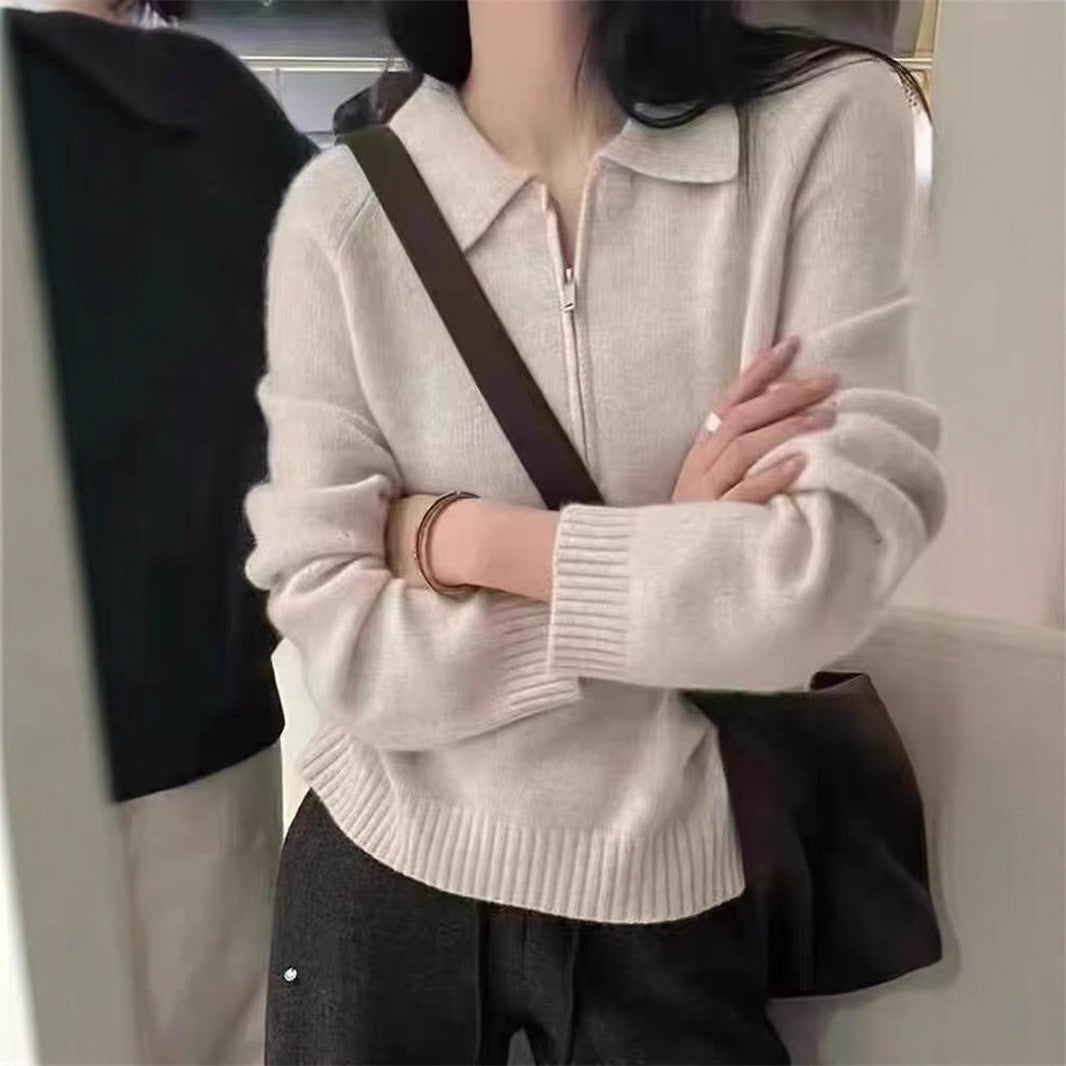 Damen-Pullover mit halbem Reißverschluss und Reverskragen, einfarbig, locker geschnitten