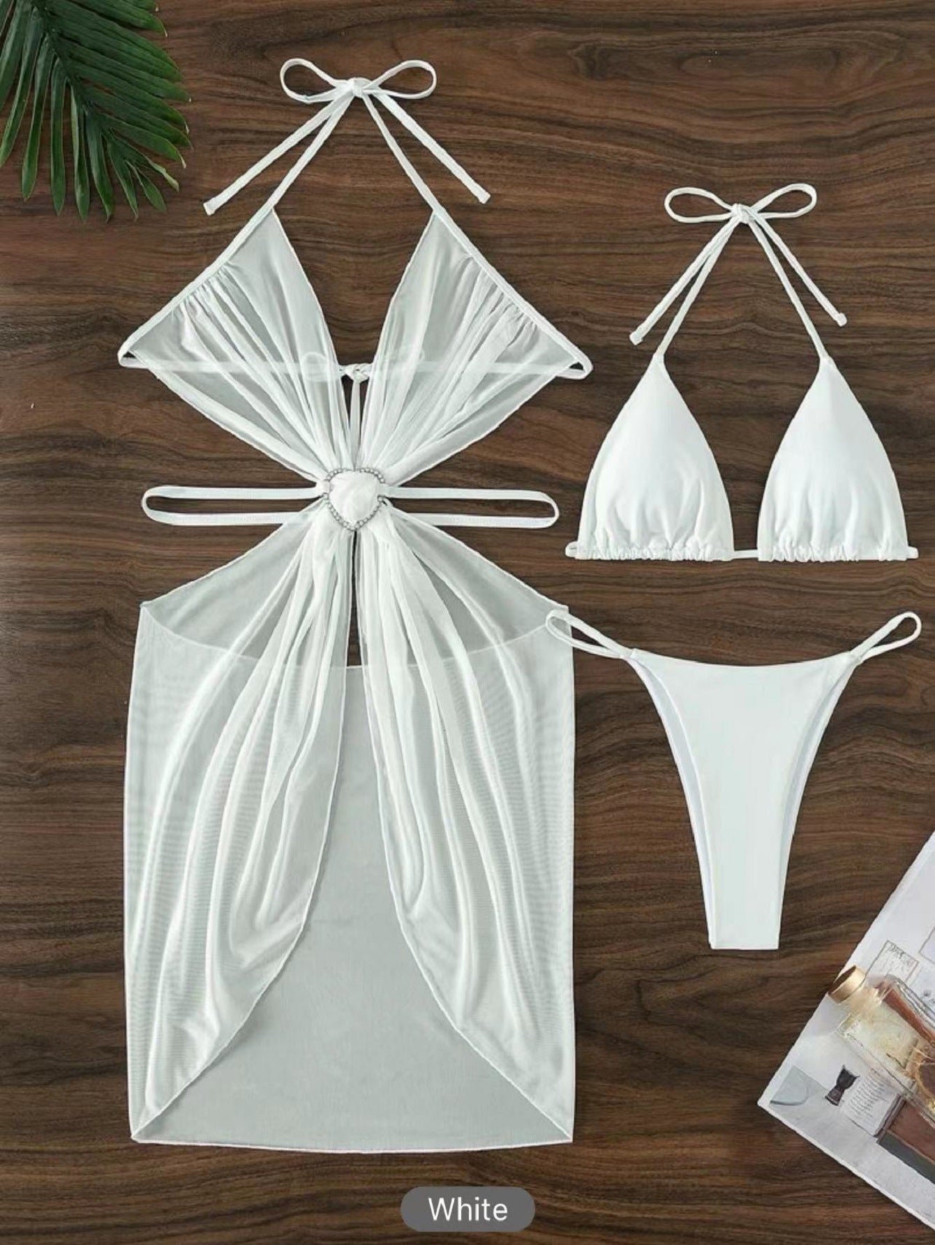 3-teiliger Neckholder-Bikini, Strand-Sommer-Badeanzug in Unifarben, Damenbekleidung