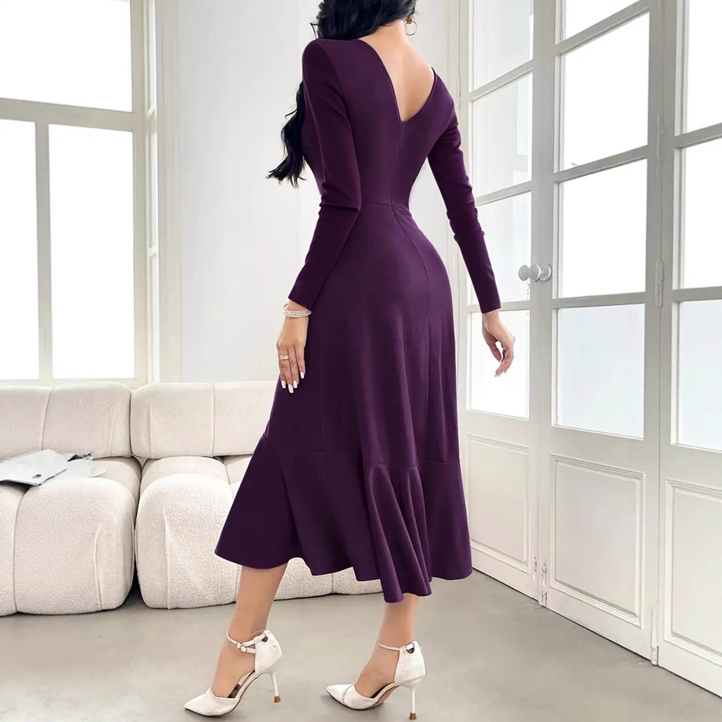 Lila Rüschenkleid mit langen Ärmeln, S–XXL