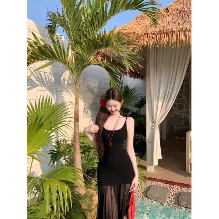 Schwarzes langes Kleid im chinesischen Retro-Stil aus TR-Gewebe, S–XL