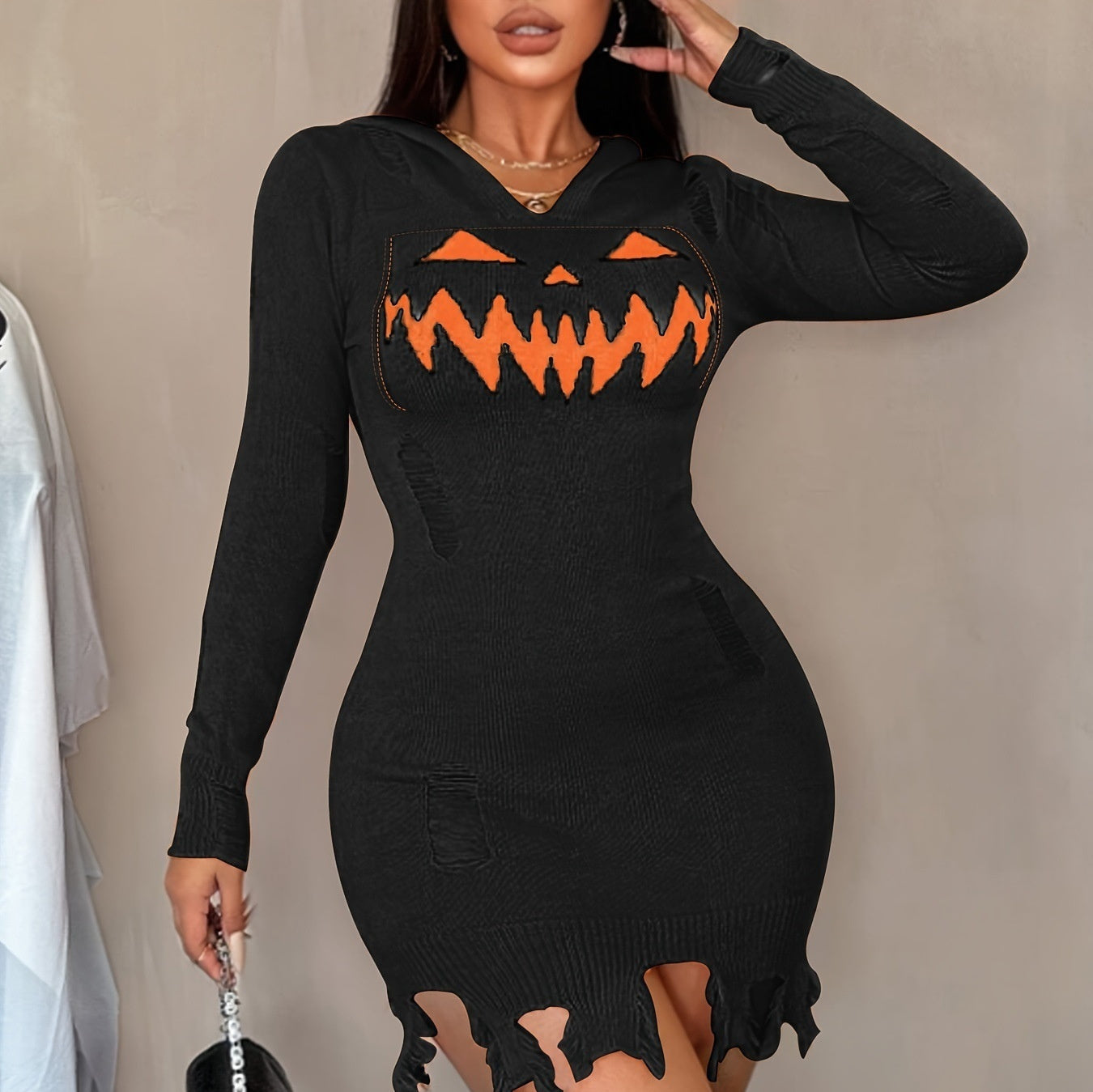 Einfarbiges Damen Halloween Kleid – Kapuze & Eng anliegend
