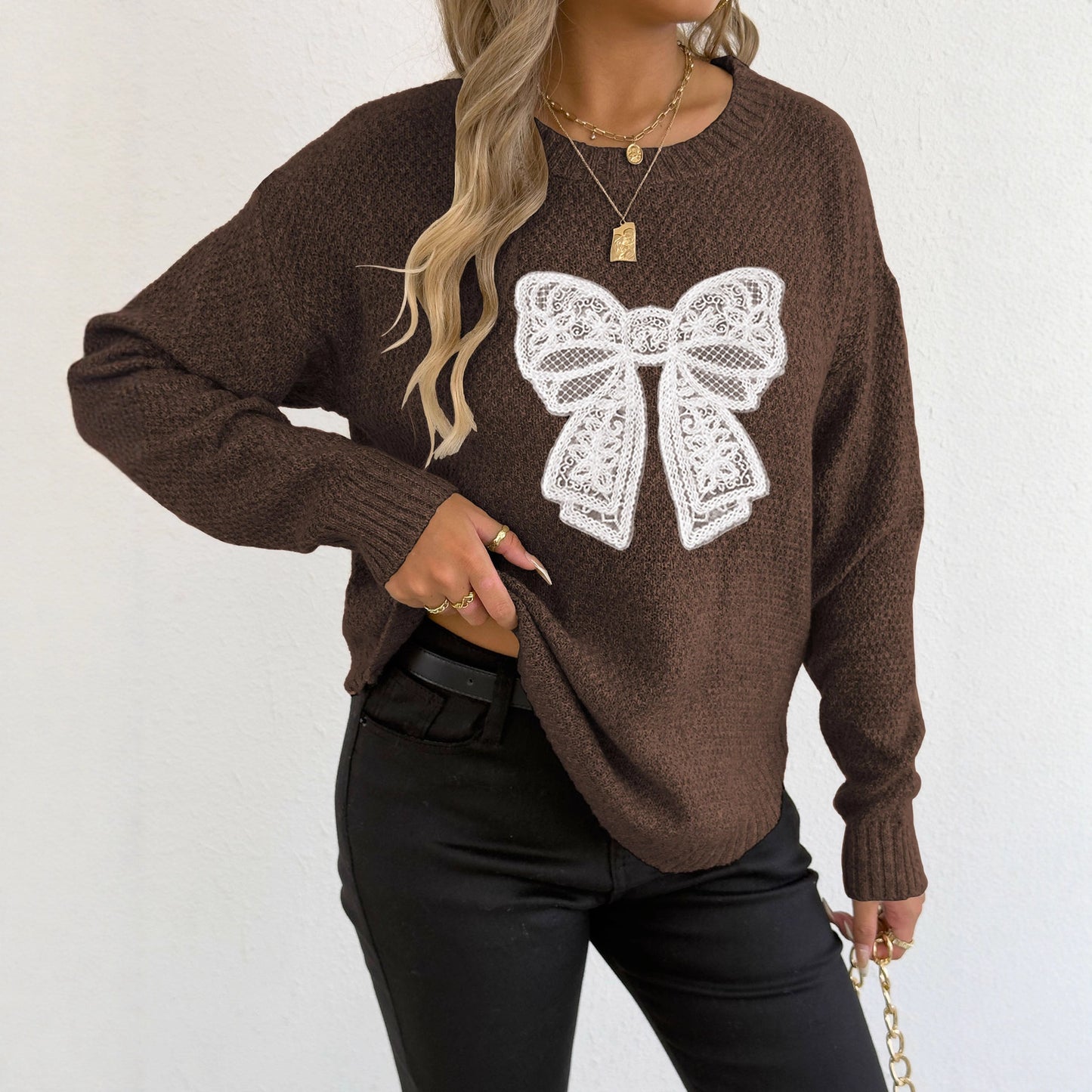 Women's Round Neck Embroidered Lace Butterfly Stitching Woven Sweater