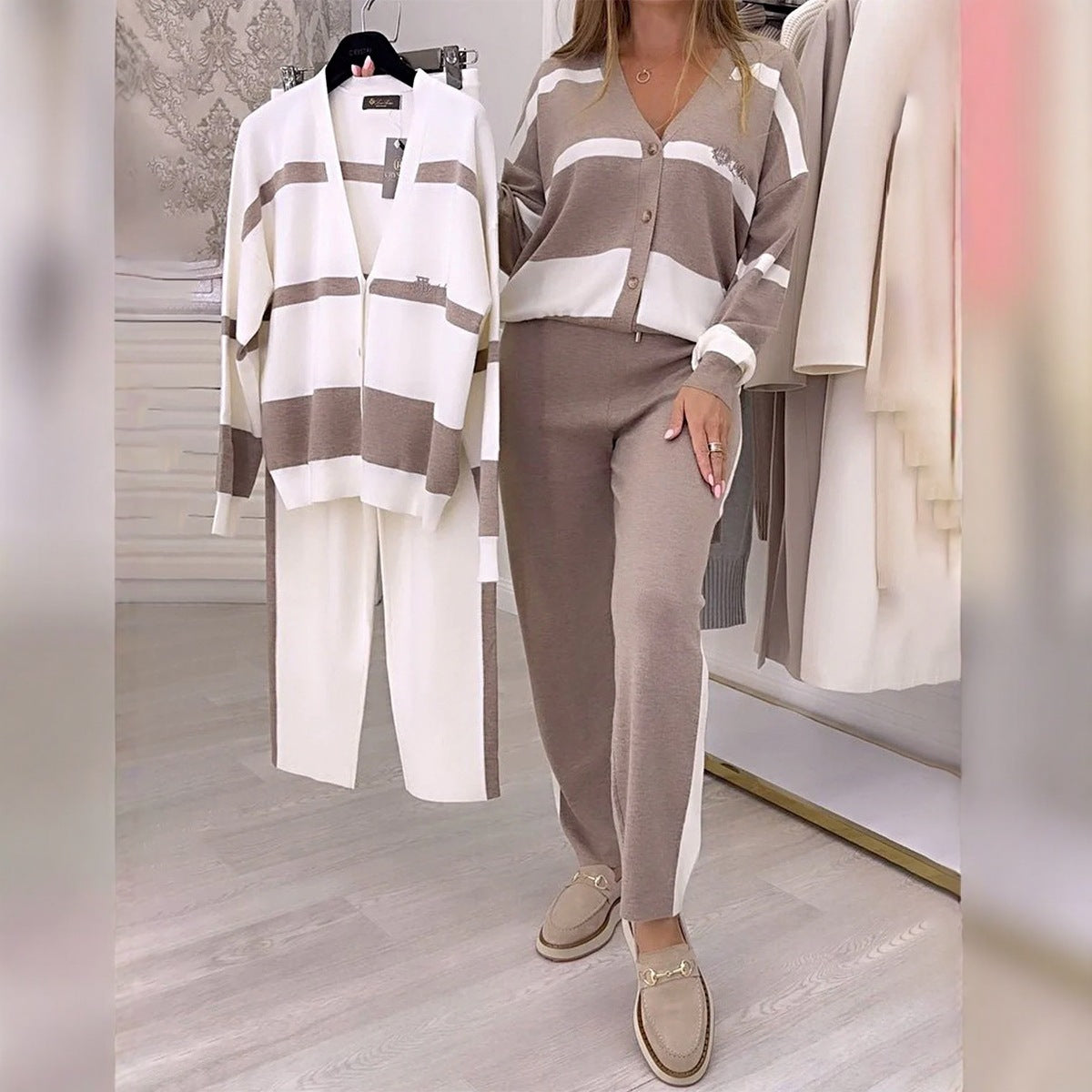 Damen Zweiteiler im Art-Retro-Stil in Weiß & Braun, S–3XL