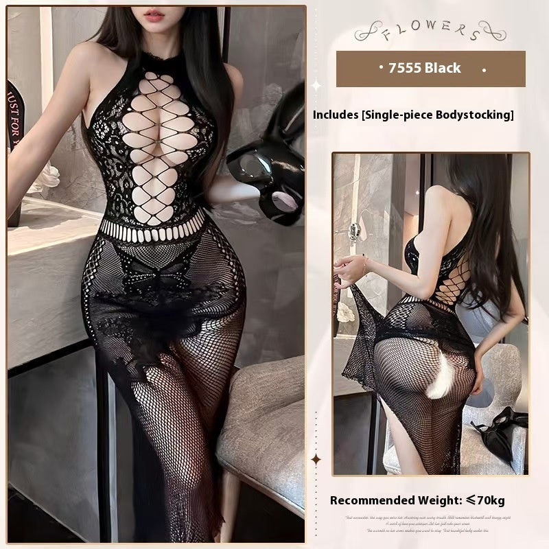 Weiße, transparente, sexy, enge Netzstrumpfhose mit Cut-outs
