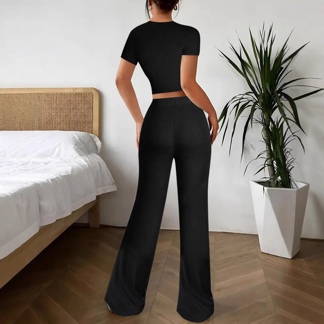 Eleganter schwarzer Damen Zweiteiler aus Polyester – Oberteil & Hose, S–XXL