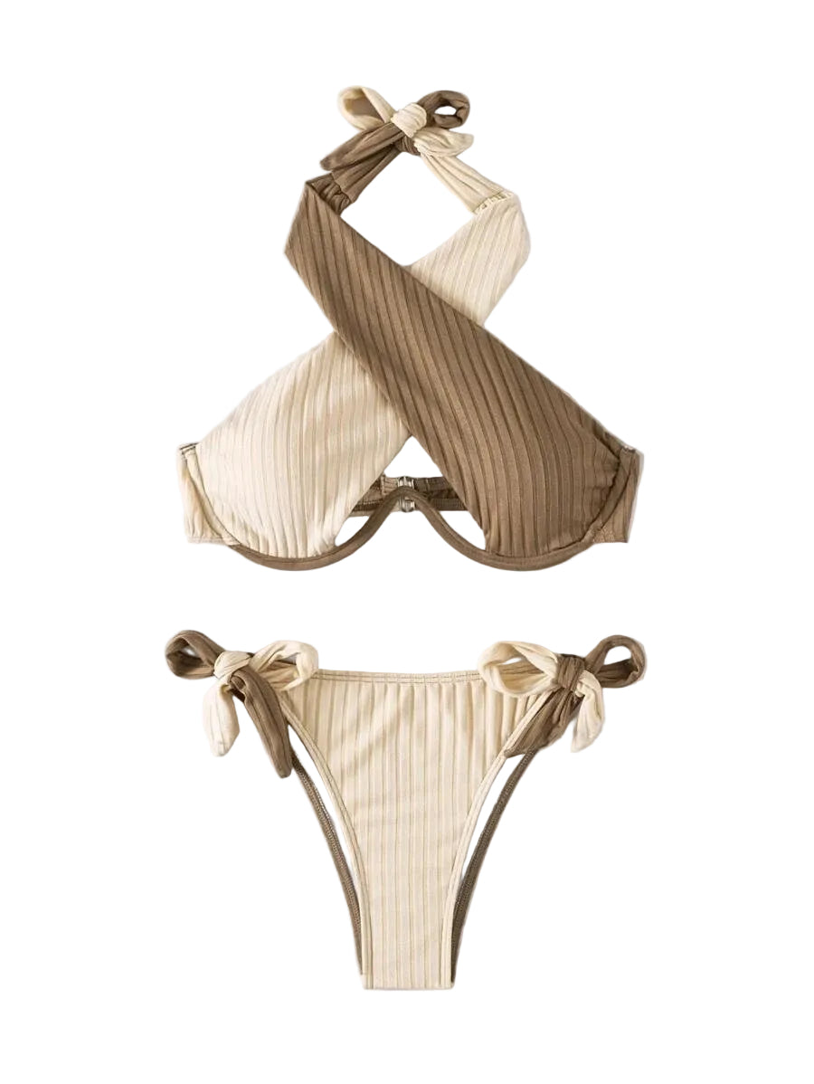 Bikini Damen Badeanzug Zweifarbig Hängender Ausschnitt Gekreuzter Rücken Schmale Rückenpartie