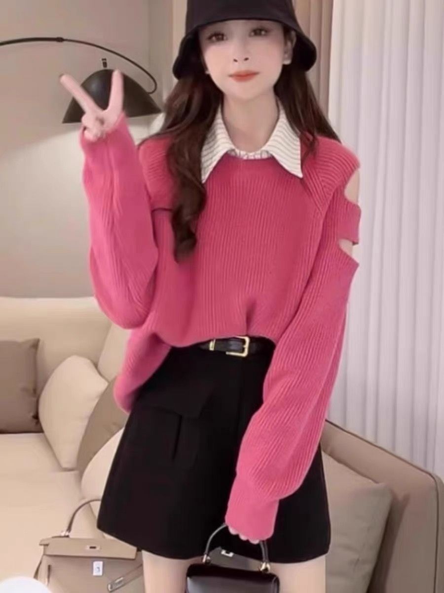 Schulterfreier Strickpullover im Socialite-Stil – Einheitsgröße