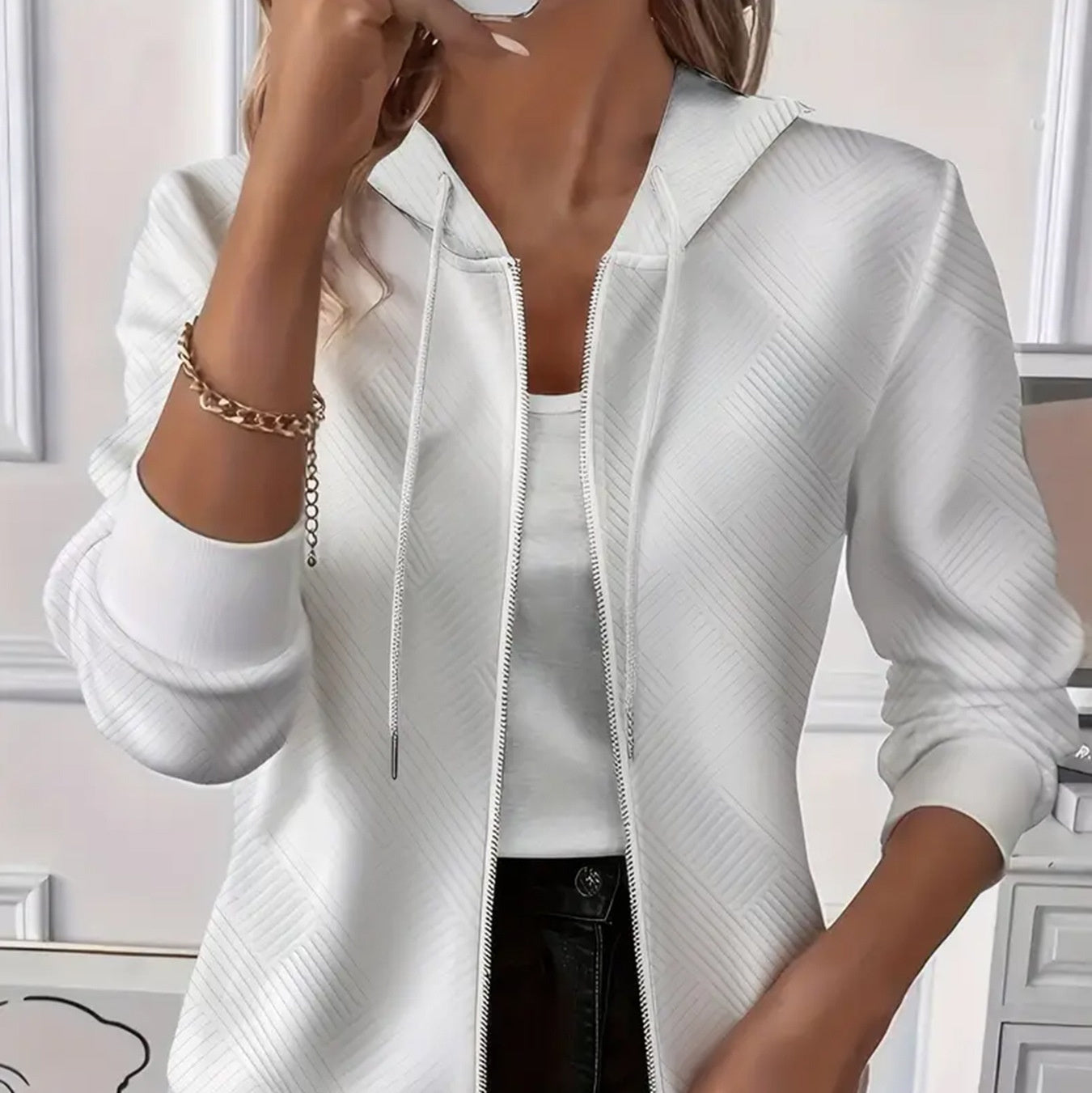 Damen-Kapuzenjacke mit langen Ärmeln und Reißverschluss, einfarbig, gestrickt, einfarbig, Damen