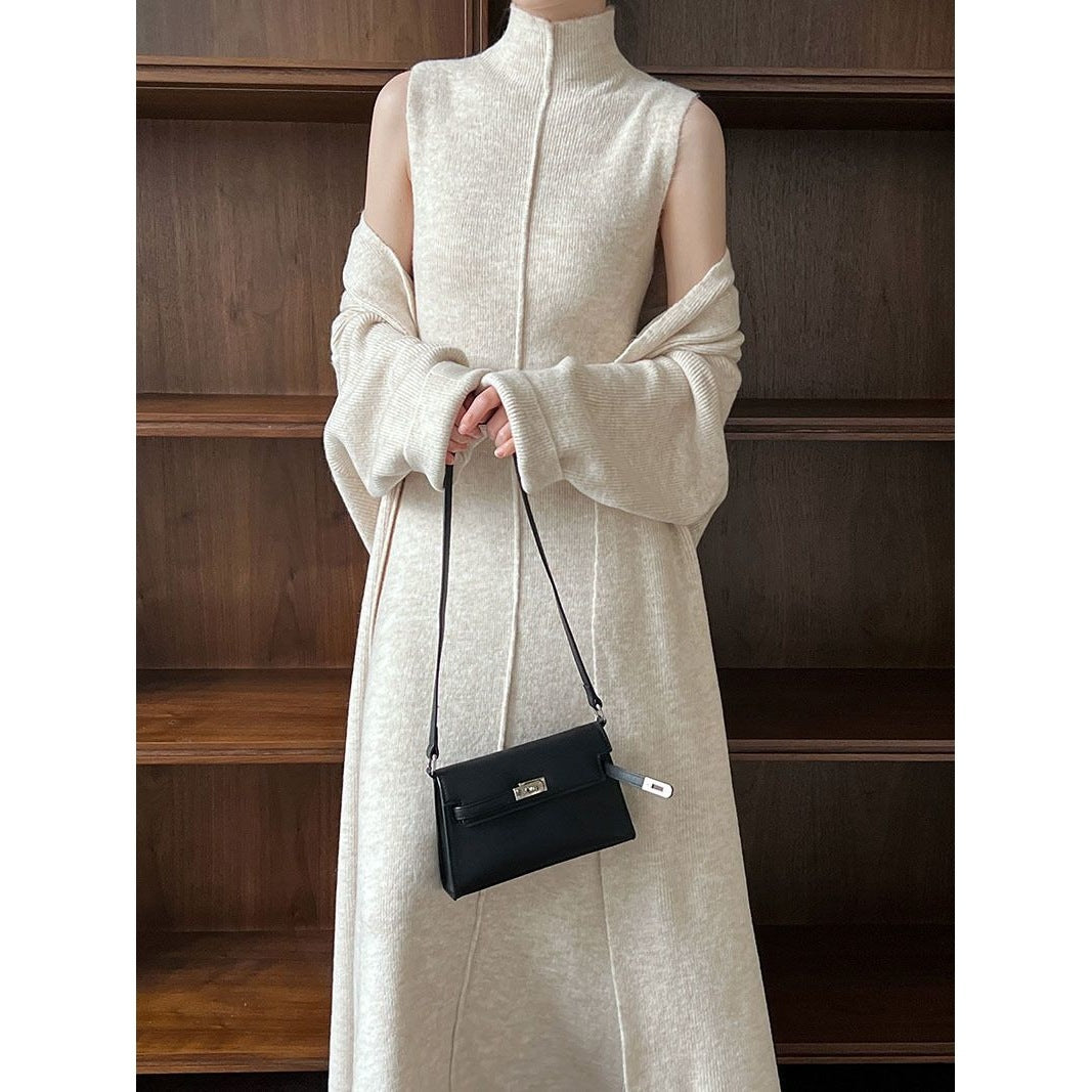 Elegantes Damen Set aus Minikleid & Schal – Einfarbig in Beige, Senfgrün, Dunkelgrau & Beerenrot